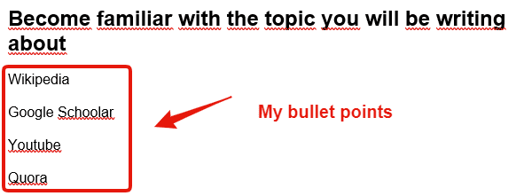 bullet points for the content structure